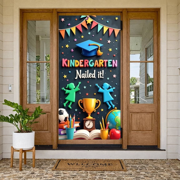 Colorful Letters Kindergarten Banner Graduation Cap Design Preschool Display Trophy  Star Decorations Graduation Backdrop for Kindergarten Graduation Preschool Party Kids Celebration