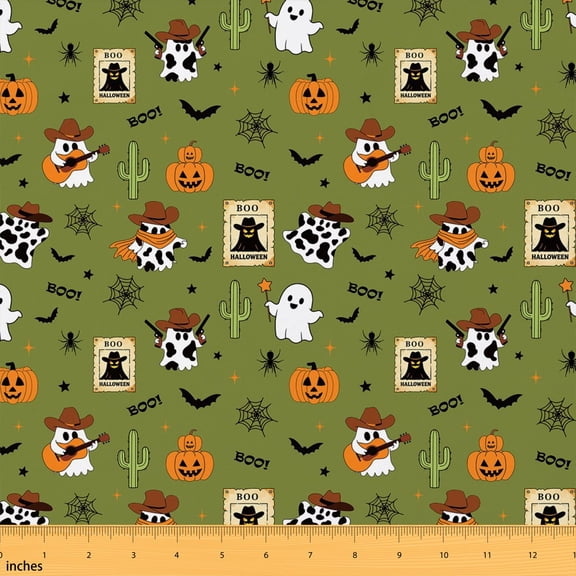 Erosebridal Olive Cowboy Halloween Fabric by the Yard 1 Yard, Ghost Guitar Cactus Pumpkin Pattern Home Decor Fabric by the Yard