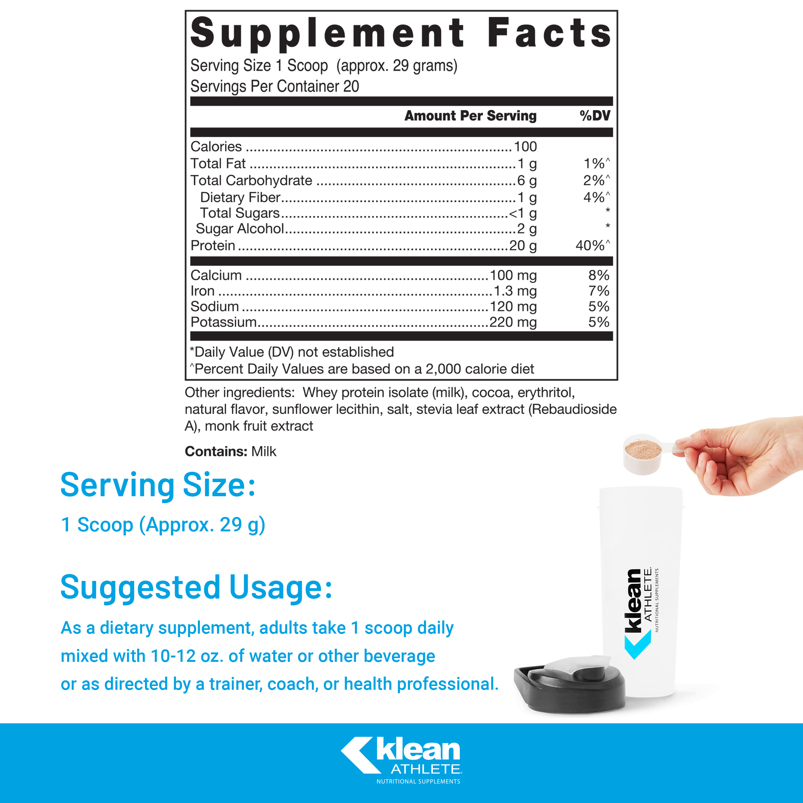 Klean ATHLETE Klean Isolate | Whey Protein Isolate to Enhance Daily Protein and Amino Acid Intake for Muscle Integrity* | NSF Certified for Sport | 20 Servings | Natural Chocolate Flavor