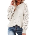 thumbnail image 2 of Sweaters for Women Crewneck Crochet Lace Long Sleeve Hollow Out Cable Knit Pullover Sweaters Tops Winter Fall Clothes 2023 White, 2 of 5