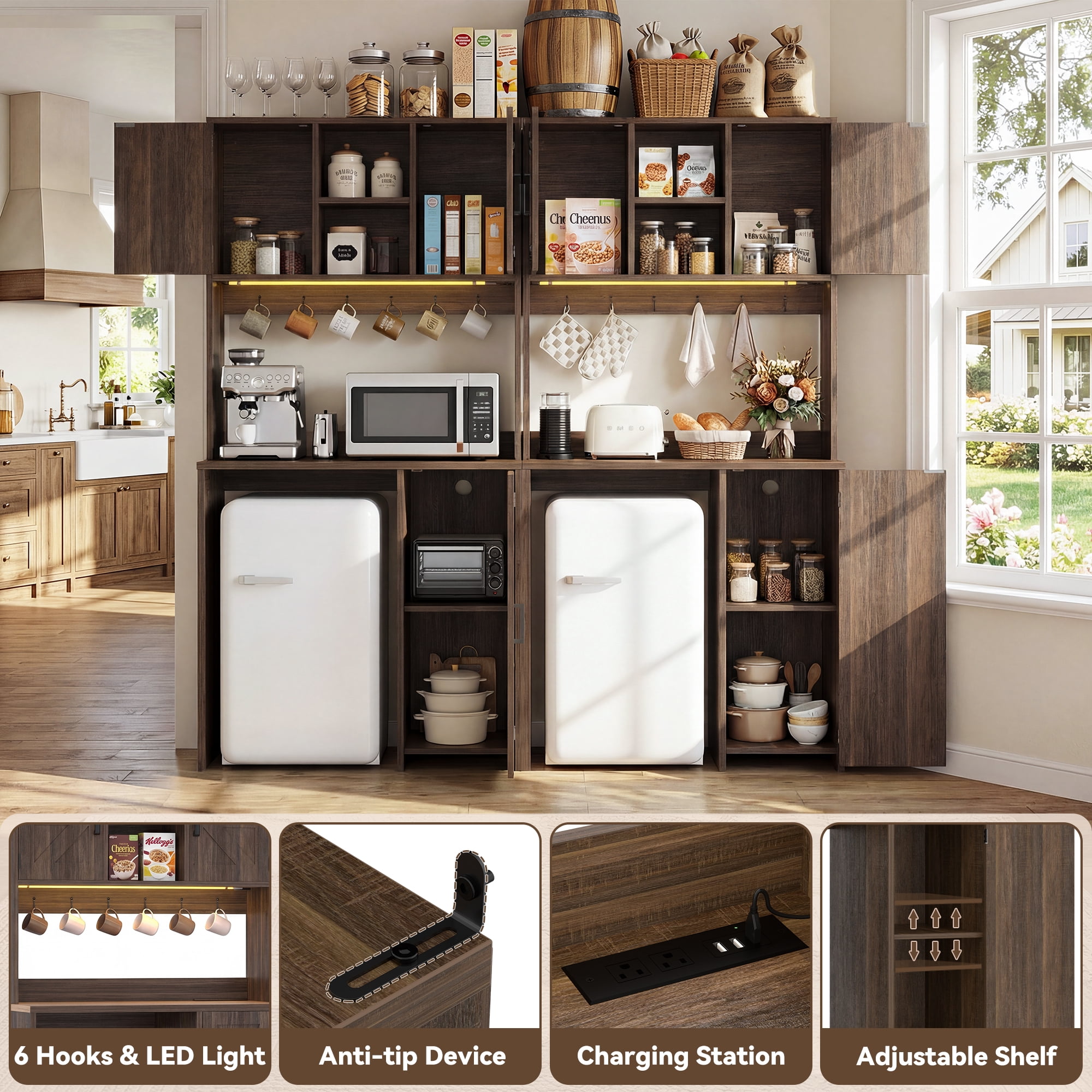 Homieasy 2-Piece Beverage Station Set - Mini Fridge Cabinet & Coffee Bar with Charging Hub, LED Light, Microwave Shelf & Wine Storage, Perfect for Kitchen, Dorm & Office,Brown