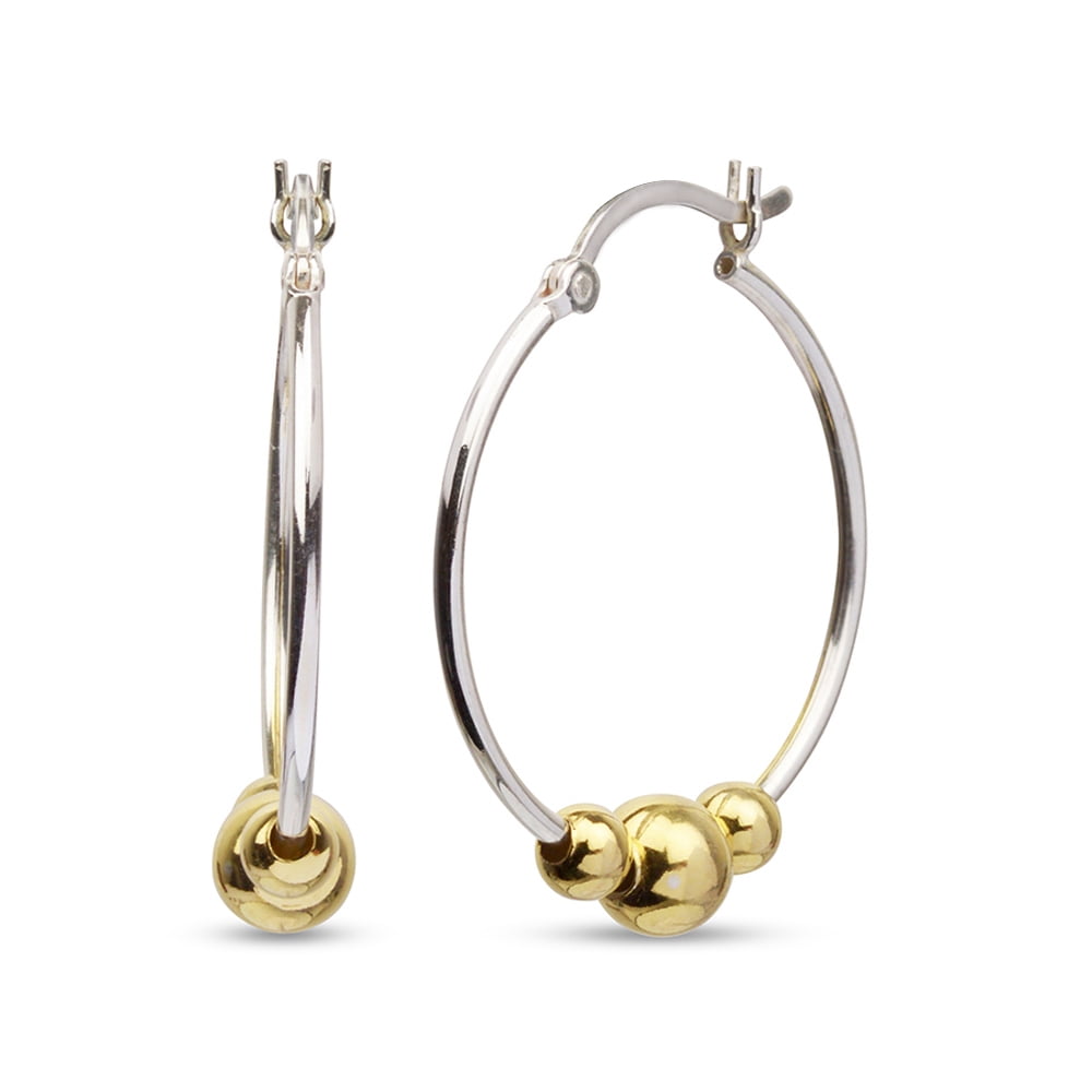 LeCalla 925 Sterling Silver two tone Jewelry Bead Hoop Earring for Women and Teen 25MM
