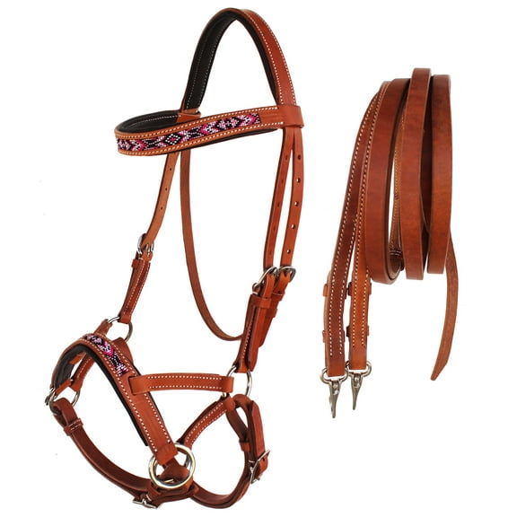 Horse Western Padded Leather Beaded Bitless Sidepull Bridle Reins 77RT13TN-F