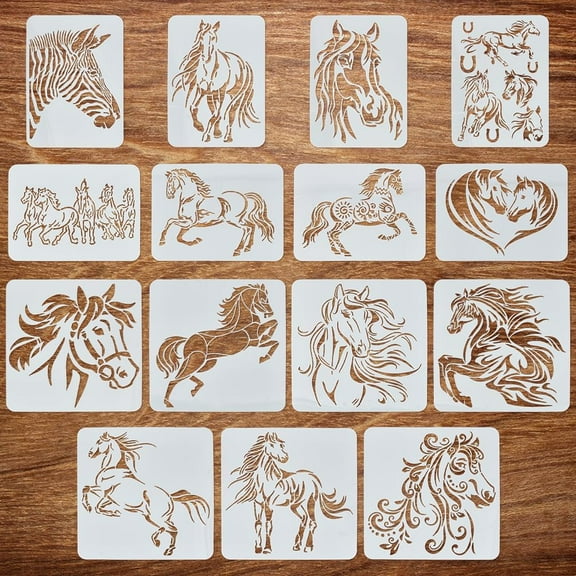 15 Pcs Horse Painting Stencil Set 8.3x11.7 11.8x11.8 Prince Charming Stallion Black Horse Horseshoe Running Horse Zebra Horse Herd Horse Couple Fine Horse Spraying Big Template