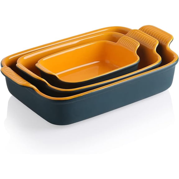 Baking Pans Set, Ceramic 9x13 Baking Dish with Handle, Rectangular Casserole Dishes for Oven, Bakeware Sets of 3, Durable Lasagna Pan Deep for Kitchen, Banquet, Wedding Gift(Blue & Yellow)