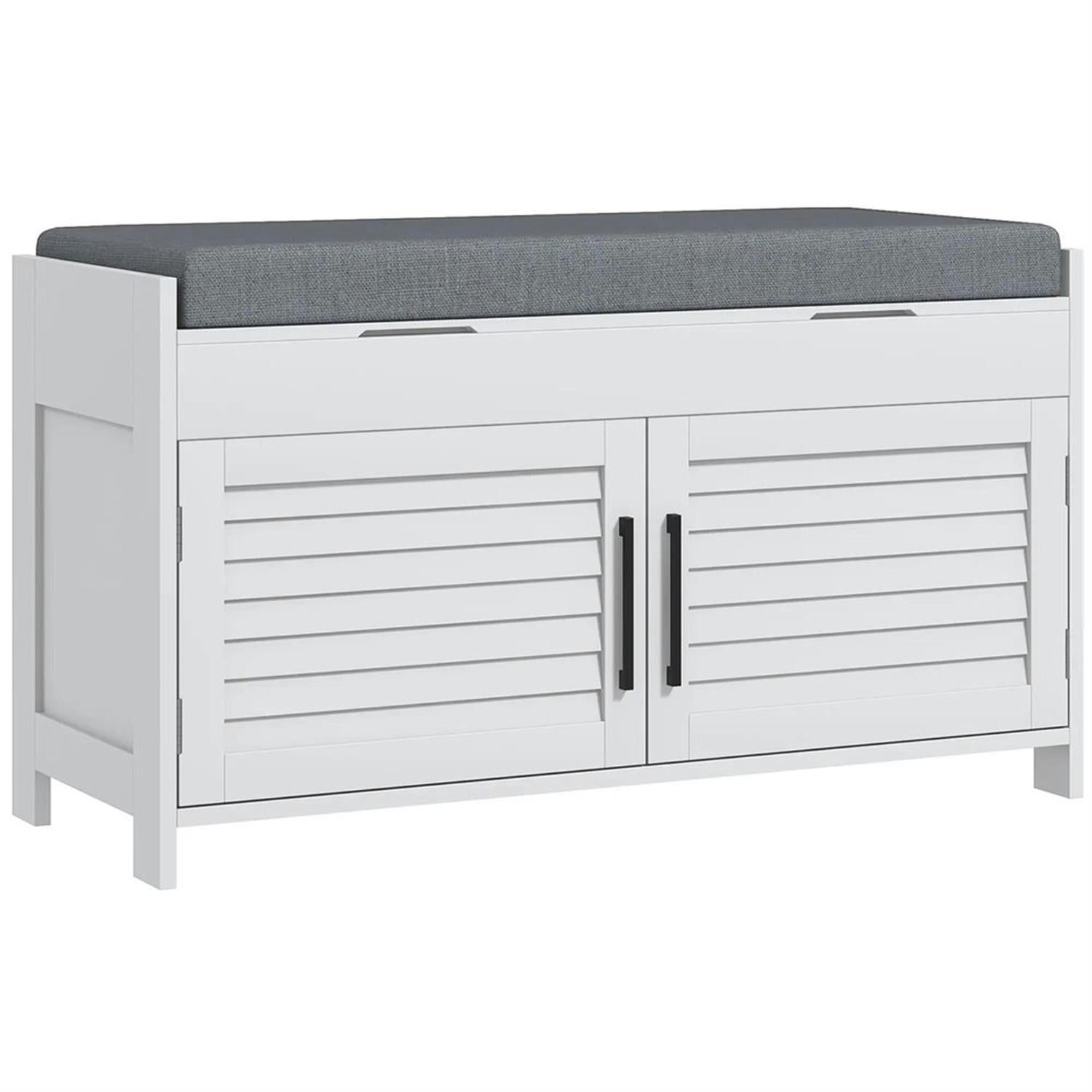 Demi Bonn 35" Modern Entryway Bench with Cushion, Hidden Storage, Shutter Doors, Adjustable Shelves, White