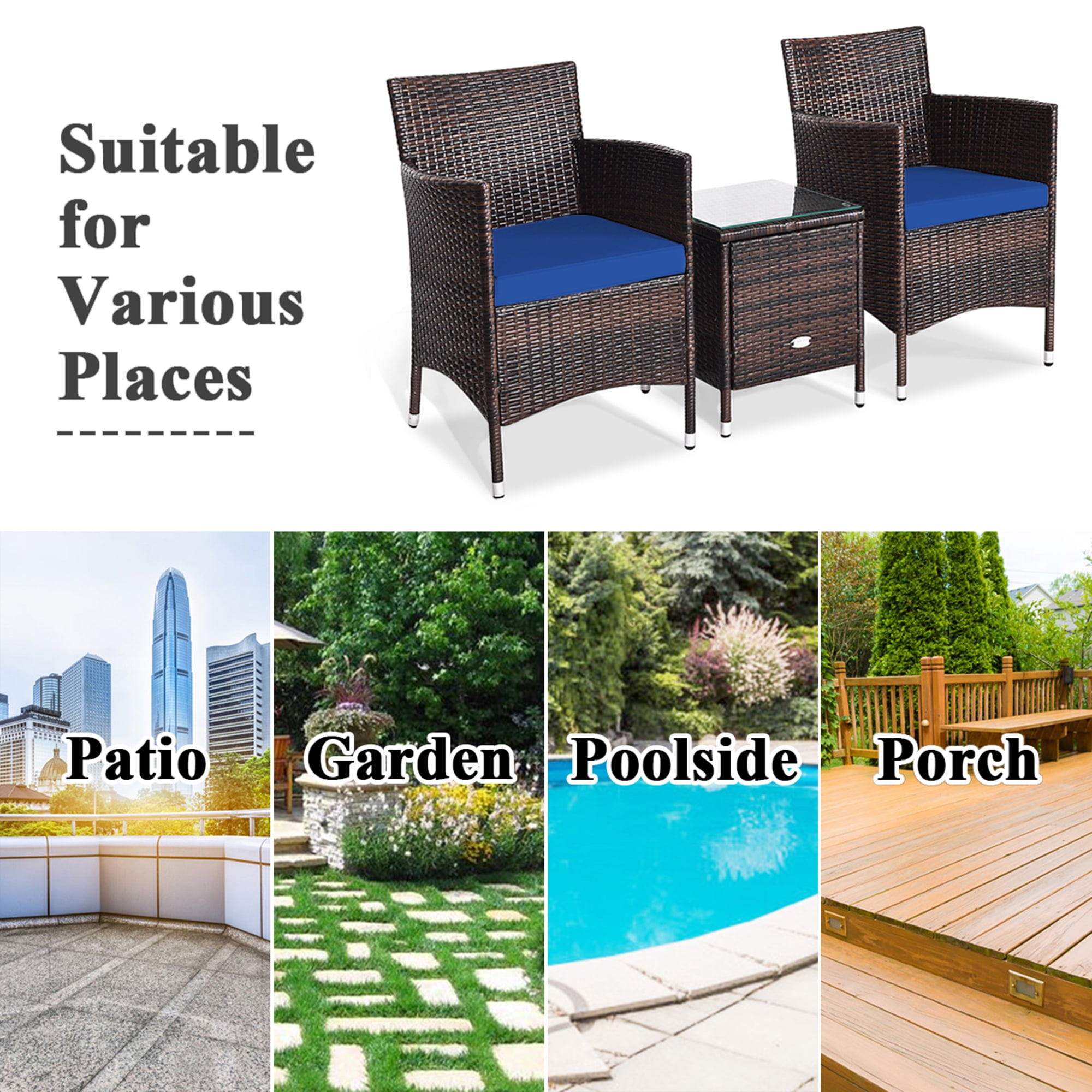Gymax 3PCS Patio Rattan Chair & Table Furniture Set Outdoor w/ Navy Cushion