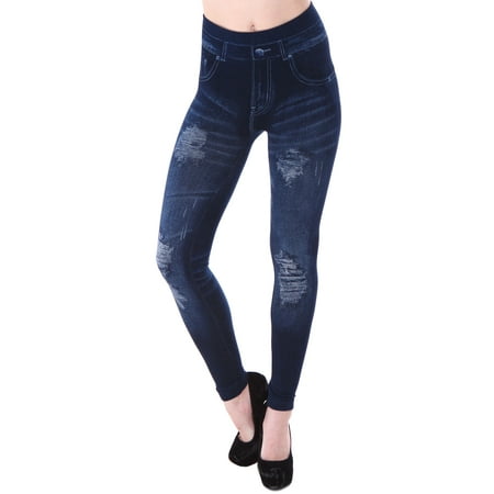 Simplicity - Women's Denim Print Fake Jeans Seamless Full Length ...