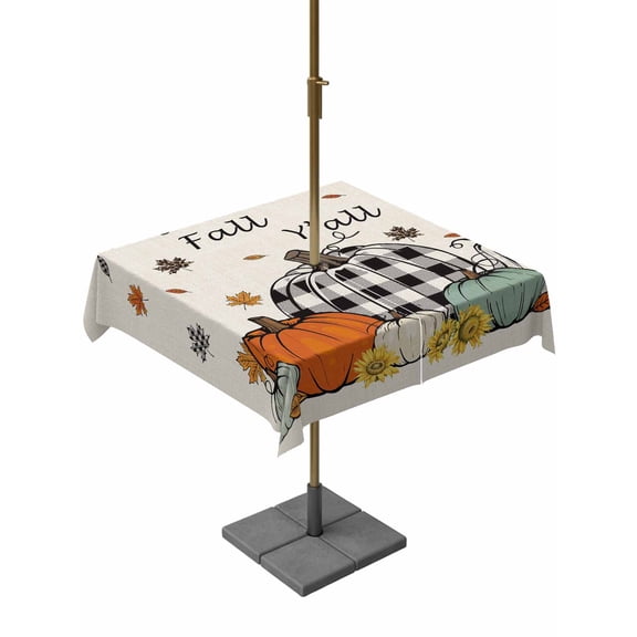 Outdoor Tablecloth with Umbrella Hole and Zipper, Fall Square Table Cloth 54x54 Inch Waterproof Tablecloth, Farmhouse Plaid Pumpkin Autumn Maple Leaf Lattice Picnic Table Cover for Patio Camping