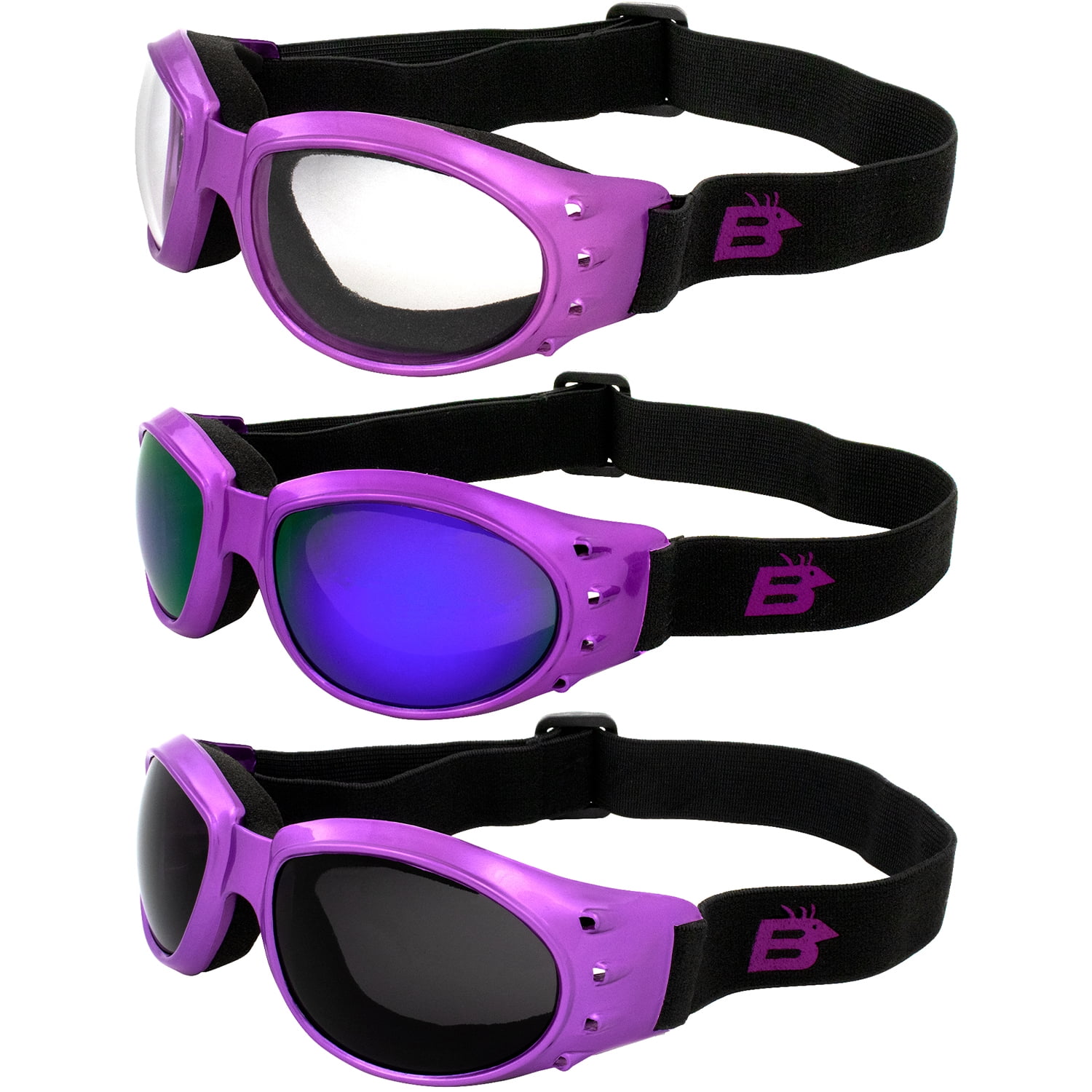 2 Pairs of Birdz Eyewear Eagle Womens Purple Airy Foam Padded Motorcycle Goggles Smoke & Purple ReflecTech Mirror Lenses 