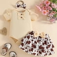 thumbnail image 2 of CAICJ98 Newborn Baby Girl Summer Clothes Bow Embroidery Short Sleeve Romper Bodysuit Ruffle Dresses Shorts Headband 3Pcs Set Cute Infant Outfits (Coffee,0-3 Months), 2 of 4