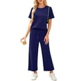 thumbnail image 7 of 2 Piece Sets for Women Casual Summer Travel Vacation Outfits Short Sleeve Wide Leg Crop Pants Lounge Sets Dark Blue XXL, 7 of 7