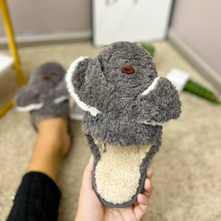 

〖Yilirongyumm〗 Grey 44-45 Slippers For Women Fashion Solid Color Cartoon Dog Plush Warm Home Casual Flat Slippers