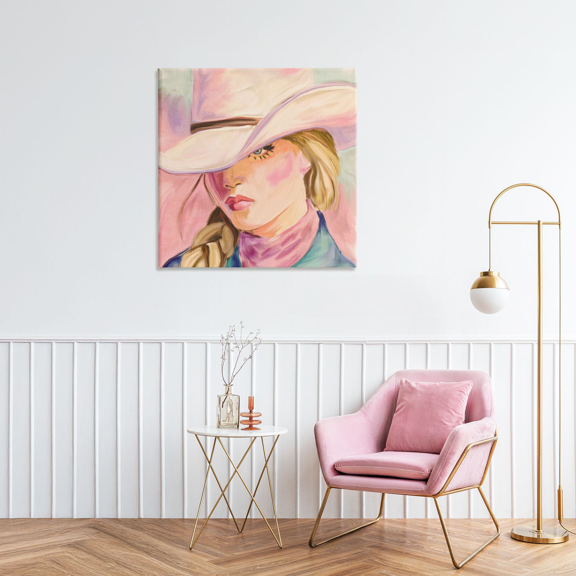 Pastel Cowgirl Gaze Beneath Hat Canvas Wall Art, design by Kim Allen