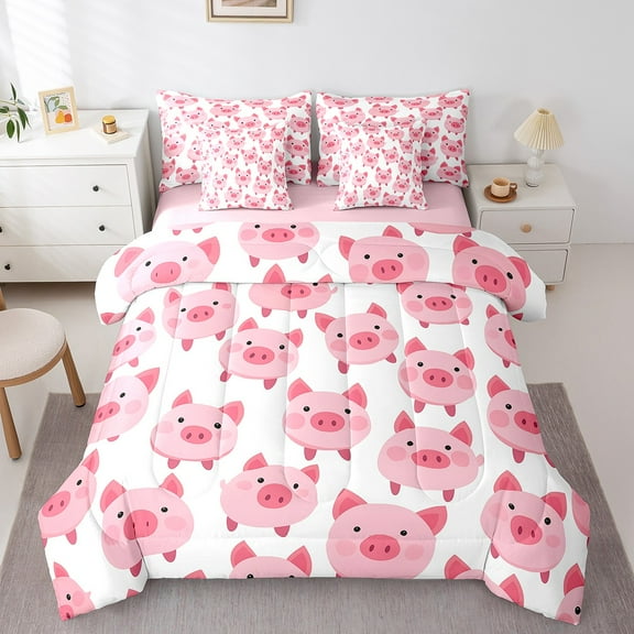 Erosebridal Pink Pig Bedding, Pet Animal Bed in a Bag, Cartoon Print Reversible Bed Set, Super Cozy Room Decoration, 7-Piece