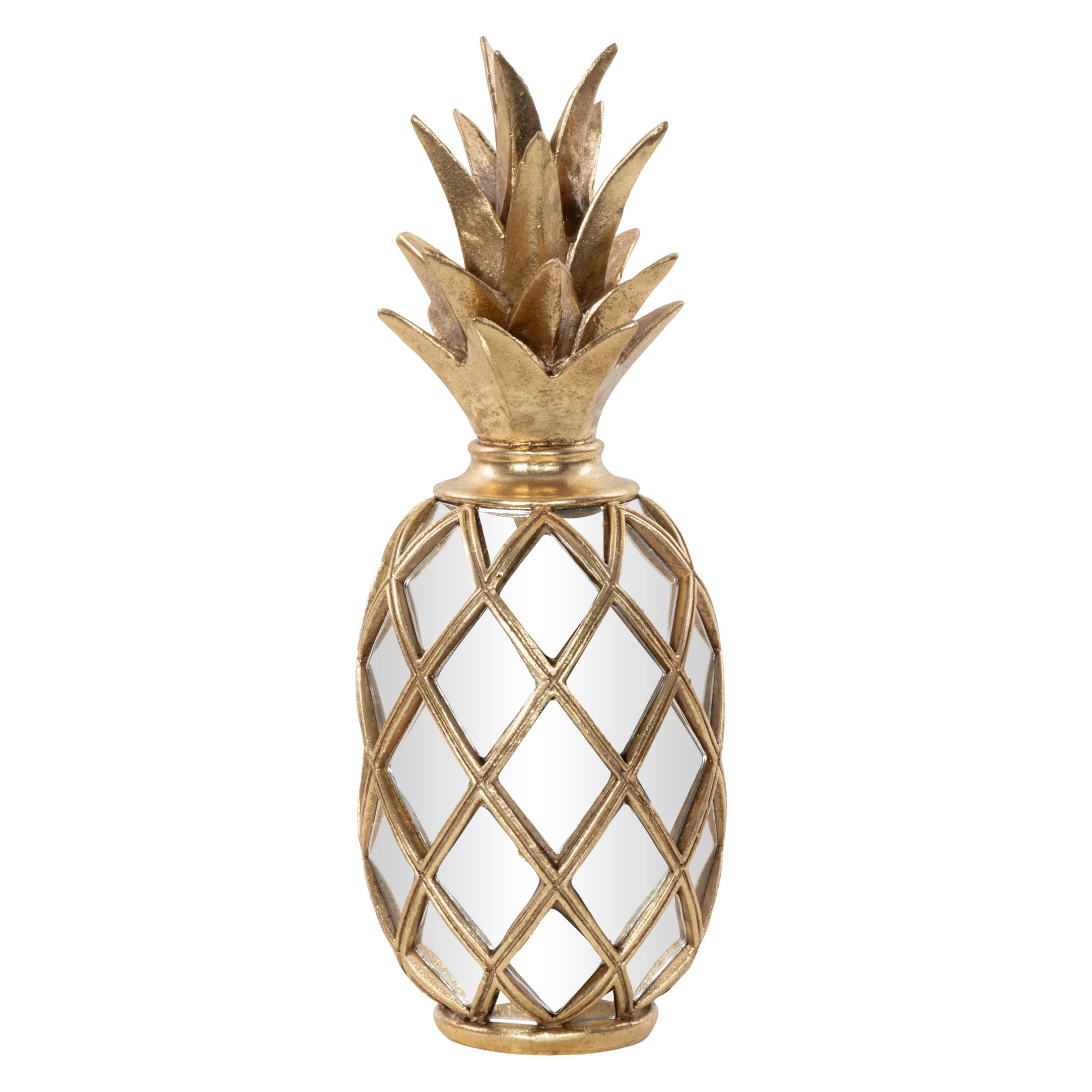 DecMode Gold and Mirror Glamorous and Coastal Pineapple Table Top Décor with Textured Base, 5"W x 5"L x "15H, Featuring Diamond Glass Cut-Outs