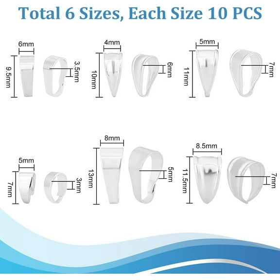 1 box 60pcs 6 Sizes Pendant Clasps 925 Sterling Silver Plated Plated Pinch Clip Bail Clasp Chain Connectors for Necklaces Dangle Beads Pendants Jewelry DIY Crafts