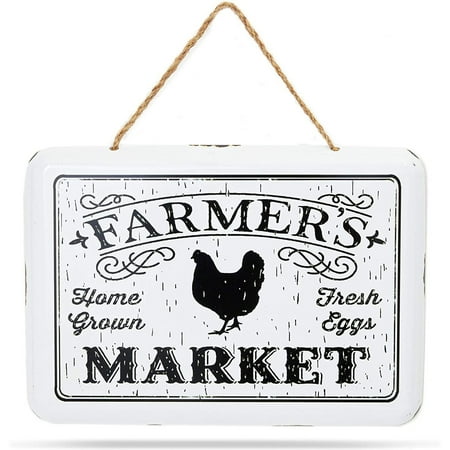 Farmers Market Metal Chicken Hanging Sign for Farmhouse Home Decor White 10.6 x 5.9 in.