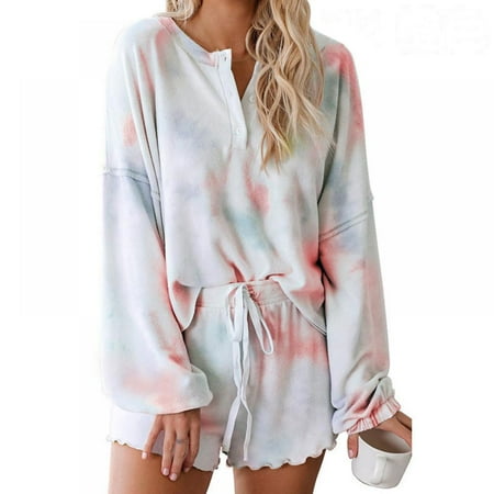 

Womens Tie Dye Printed Pajamas Set Long Sleeve Tops And Shorts Set Sleepwear Two Piece Pjs Sets Loungewear with Ruffle Detail