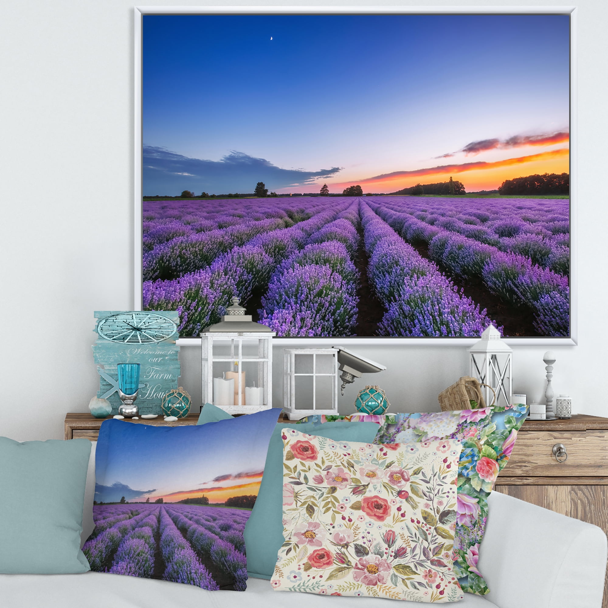 Designart 'Dramatic Clouds and Sunrise Over Lavender Field I' Farmhouse Framed Canvas Wall Art Print