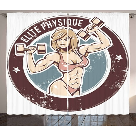 - Fitness Curtains 2 Panels Set, Retro Style Sexy Lady with Dumbbells Elite Physique Grunge Display, Window Drapes for Living Room Bedroom, 108W X 84L Inches, Chocolate Light Pink Blue, by Ambesonne