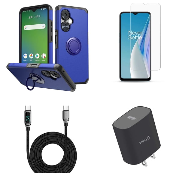 Accessories Bundle for OnePlus Nord N30 5G - Protective Stand Holder Phone Case (Dark Blue) with Screen Protectors, UL Listed Type-C PD Wall Charger, Digital Display USB-C to USB-C Cable