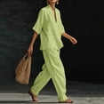 thumbnail image 5 of VISALY Linen Sets for Women Dressy Half Sleeve Deep V Neck Peasant Halter Tunic Tops Flowy Linen Loose Wide Leg Long Palazzo Pants Sets Cotton Linen Lounge Matching Summer Casual Set Green Xl, 5 of 7