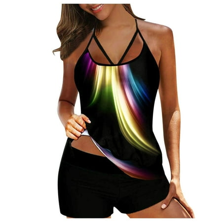 Swimsuits for Women Retro Bathing Suits Two Pieces Modest Swimming Wear Sports Tank Tops with Boyshorts L