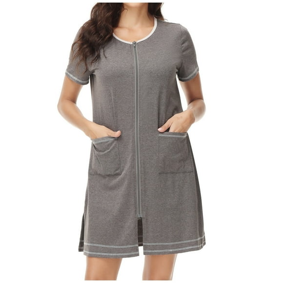 Pajamas for Night Sweats Women Short House Coat Zipper Front Short Sleeve Robes Knee Length Nightgowns with Pockets Solid Loungewear S-10 Dark Gray XL