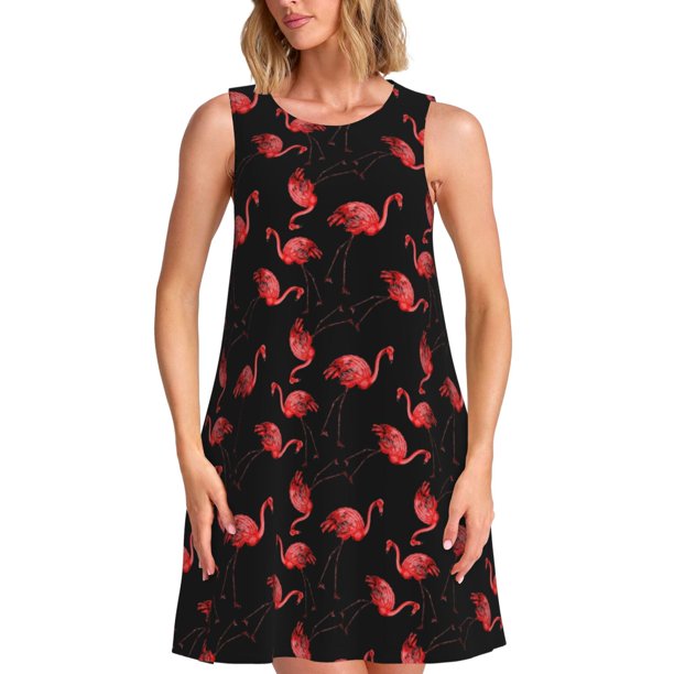 Easygdp Flamingo para Vestido Transpirable de Mujer, Vestido Suelto de Manga Corta con Pliegues y Bolsillos para el Verano