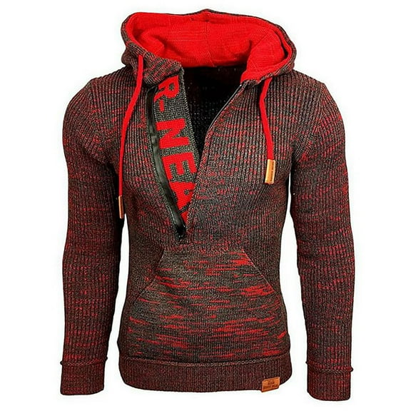 Herrnalise Men's Jacket Long Sleeve Hoodies Fashion Fall Winter Sweater Loose Large Size Mixed Color Sweater Hooded Pullover SweaterRed