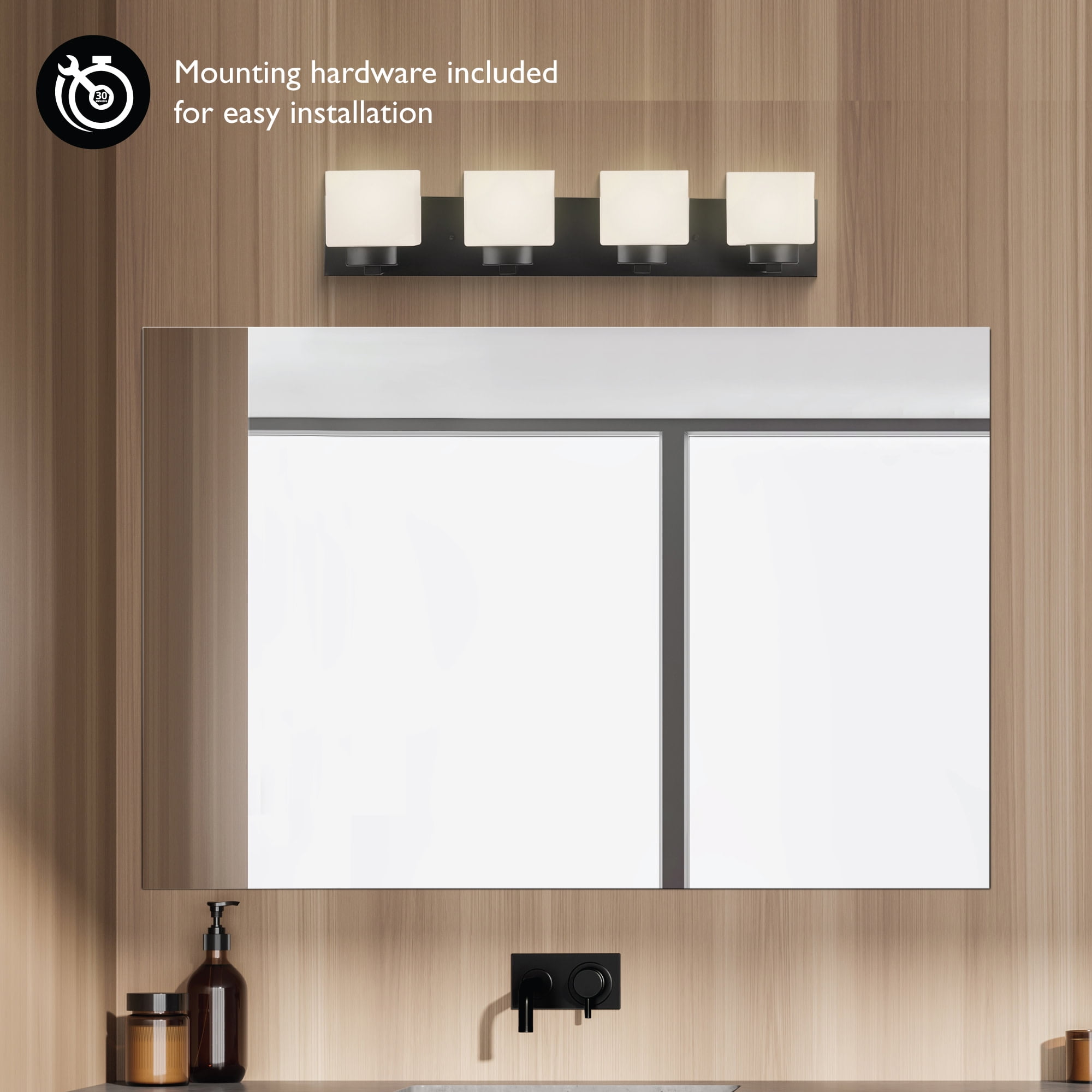 Design House Dove Creek 4-Light Dimmable Bathroom Vanity Light with Frosted Glass, Matte Black