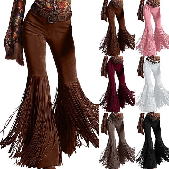 JGGSPWM Women Western Fringe Pants Retro High Waisted Flared Trousers Soft Stretch Boho Bell Bottom Outfit Trendy Black L
