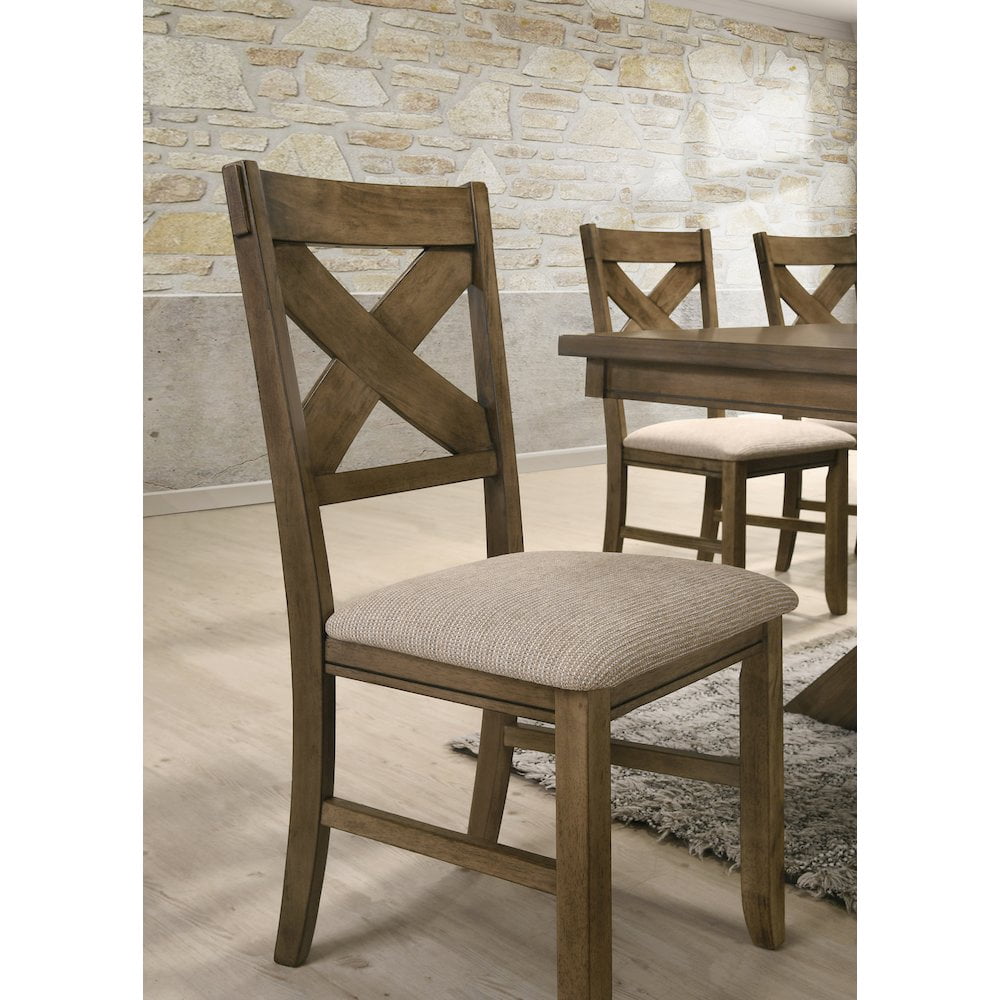 Roundhill Furniture Raven Cross Back Upholstered Dining Chairs in Glazed Pine Brown Finish, Set of 2
