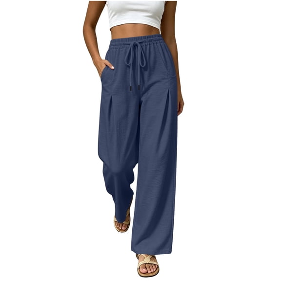 Nfurl Women's Wide Leg Pants with Pockets Summer Linen Lounge Pants Elastic Waist Drawstring Going Out Work Casual Trousers Navy,S