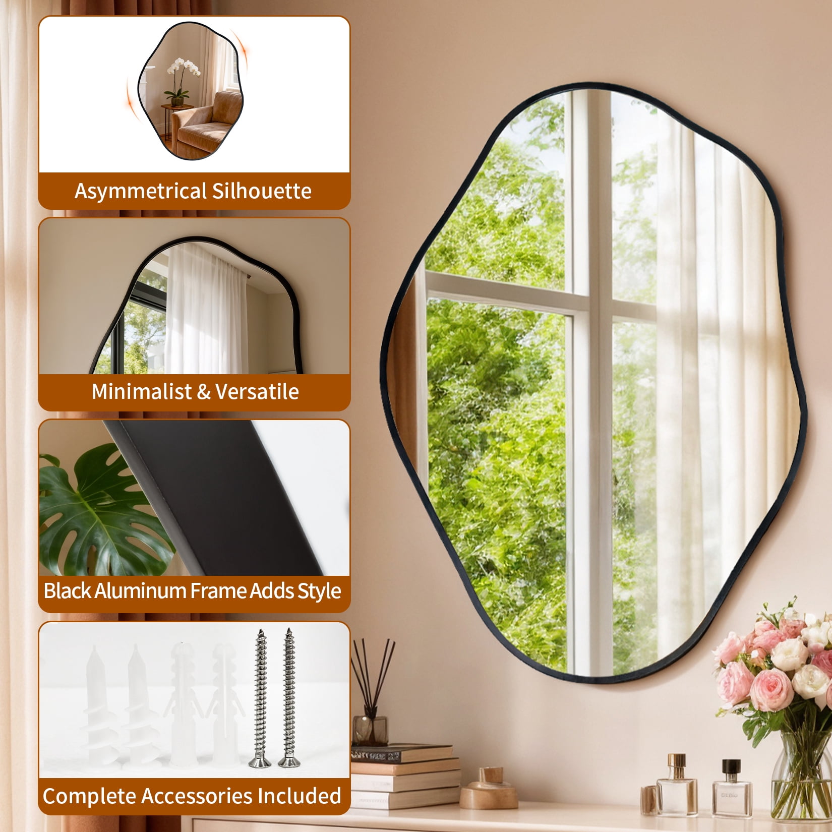 LUVODI Modern Asymmetrical Irregular Wall Mirror Black Aluminum Frame Vertical Hanging Decorative Mirror for Living Room Bedroom Bathroom Entryway