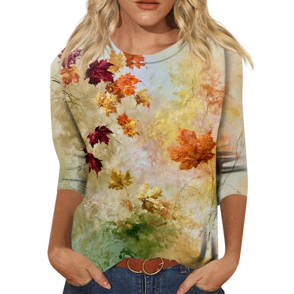Women's 3/4 Sleeve Tops Crewneck Fall Leaf Print Casual Shirts Loose Fit Outdoor Work Sports Party Pullovers Light Blue S
