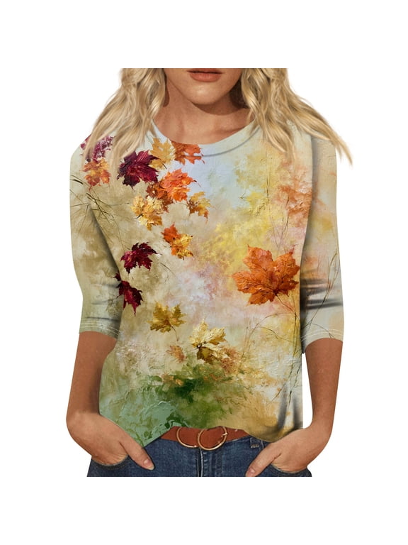 Women's 3/4 Sleeve Tops Crewneck Fall Leaf Print Casual Shirts Loose Fit Outdoor Work Sports Party Pullovers Light Blue XL