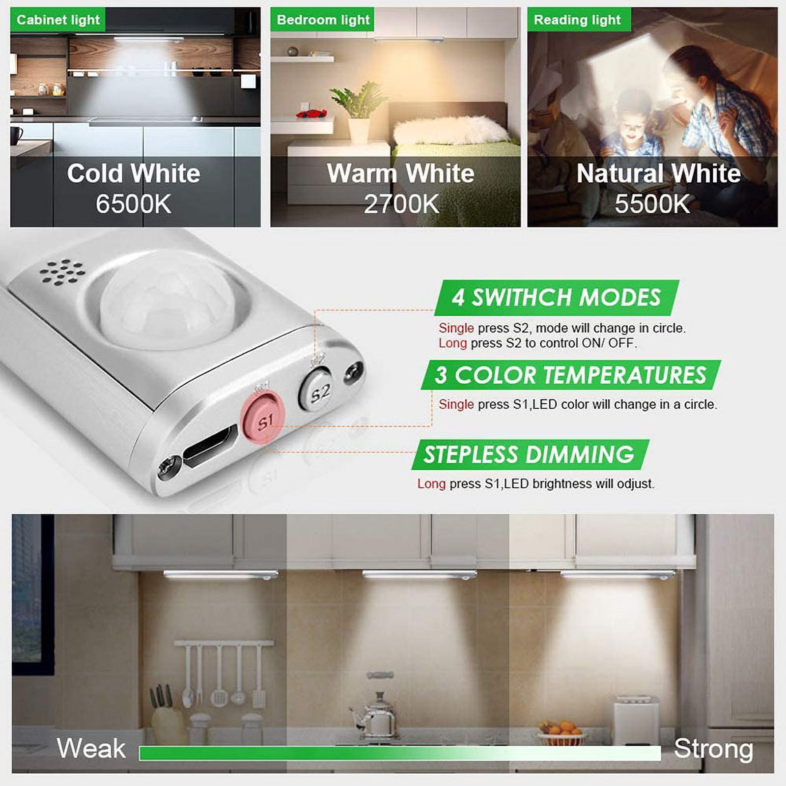 2-Pack LED Closet Lights Motion Sensor Under Cabinet Lights Indoor Wireless Lighting 3600mAh Powered Light Bar Dimmable Rechargeable ( 15inch)
