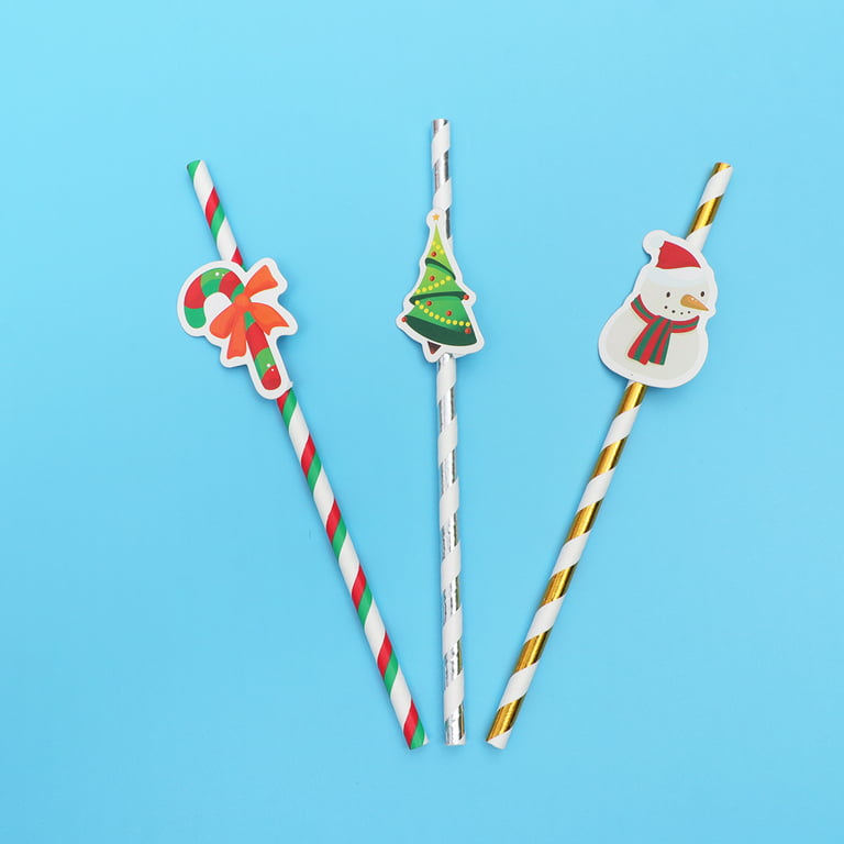 24 Pcs Christmas Party Favors Drinking Straws Reusable Xmas Plastic Straw with Cartoon Decoration for Kids Christmas Party Supplies for New Year
