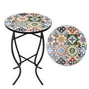 Outdoor Mosaic Patio Side Table Small Round Patio Accent Printed Glass Balcony Coffee Desk for Garden, Yard or Lawn 14 Inches