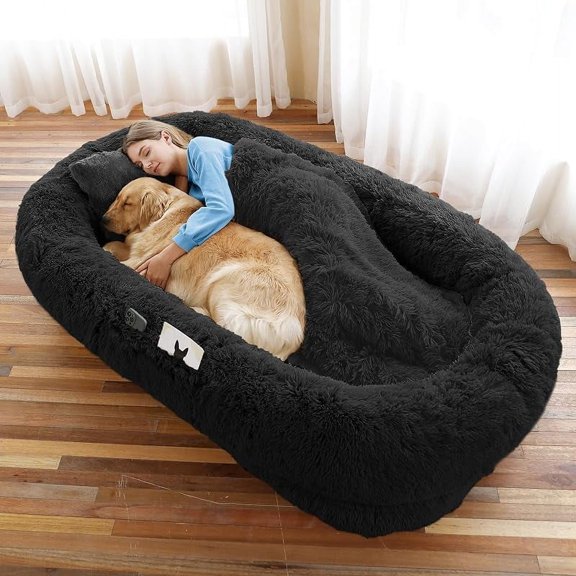 Dog Bed, 71''x45''x12'' Size Fits You and Pets, Washable Faux Fur Dog Bed for People Doze Off, Napping Orthopedic Dog Bed, Present Plump Pillow, Blanket, Strap