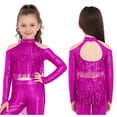 thumbnail image 5 of Haitryli Kids Girls Long Sleeve Sequins Ballet Jazz Hip Hop  Dance Crop Top Tassel Finger Holes Gymnastics Tee Shirt Blouse Hot Pink 14, 5 of 7
