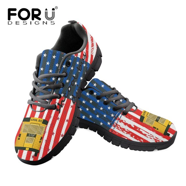 School Bus Driver Pattern Woman American Flag Print Woman Flats Lace Up Shoe Sneakers Breahtable Spring/Autumn Shoes