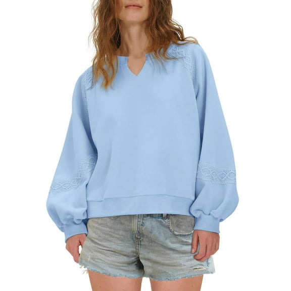 TKLPEHG Womens Fleece Sweatshirts Fall Fashion V Neck Pullover Tops Casual Long Sleeve Solid Color Loose Fashion Sweatshirt (Light Blue,M)