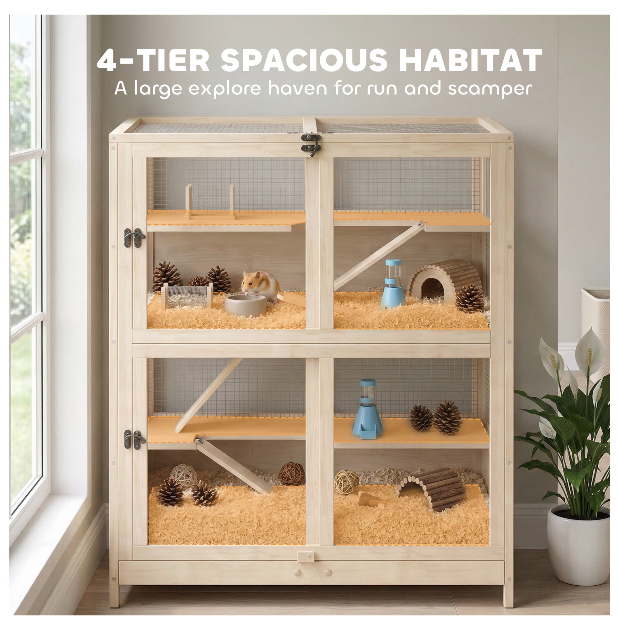 Wooden Hamster Cage 4 Tier, Small Animal Habitat w/Ramps & Hideouts