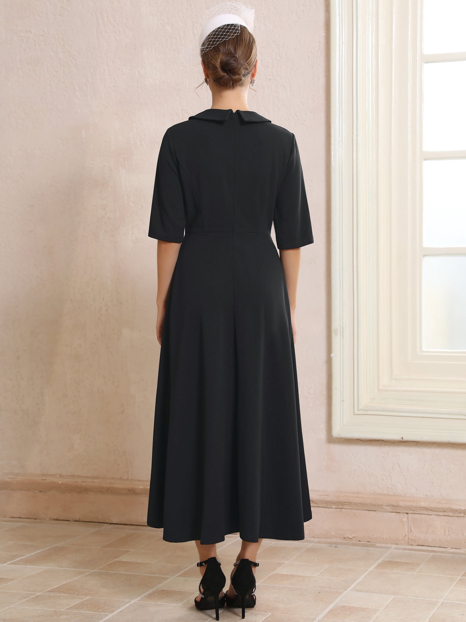 DARING DIVA Women's Elegant Vintage Classic Collared Half Sleeve Dresses L Black
