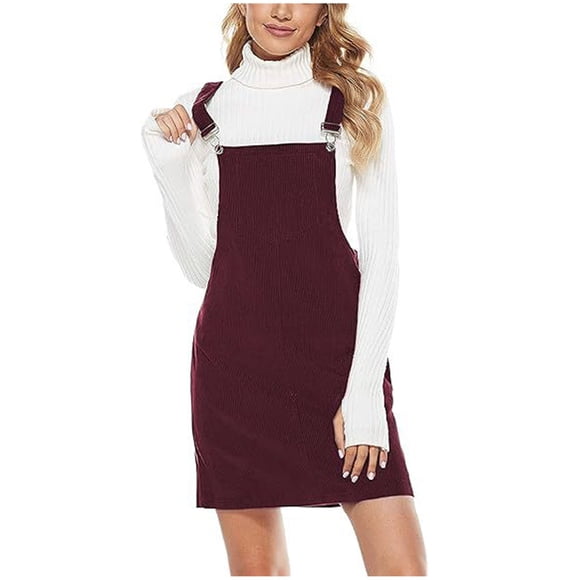 Miqool Women Corduroy Overall Bib Dress A-Line Mini Dress Adjustable Wide Strap Jumper Dress