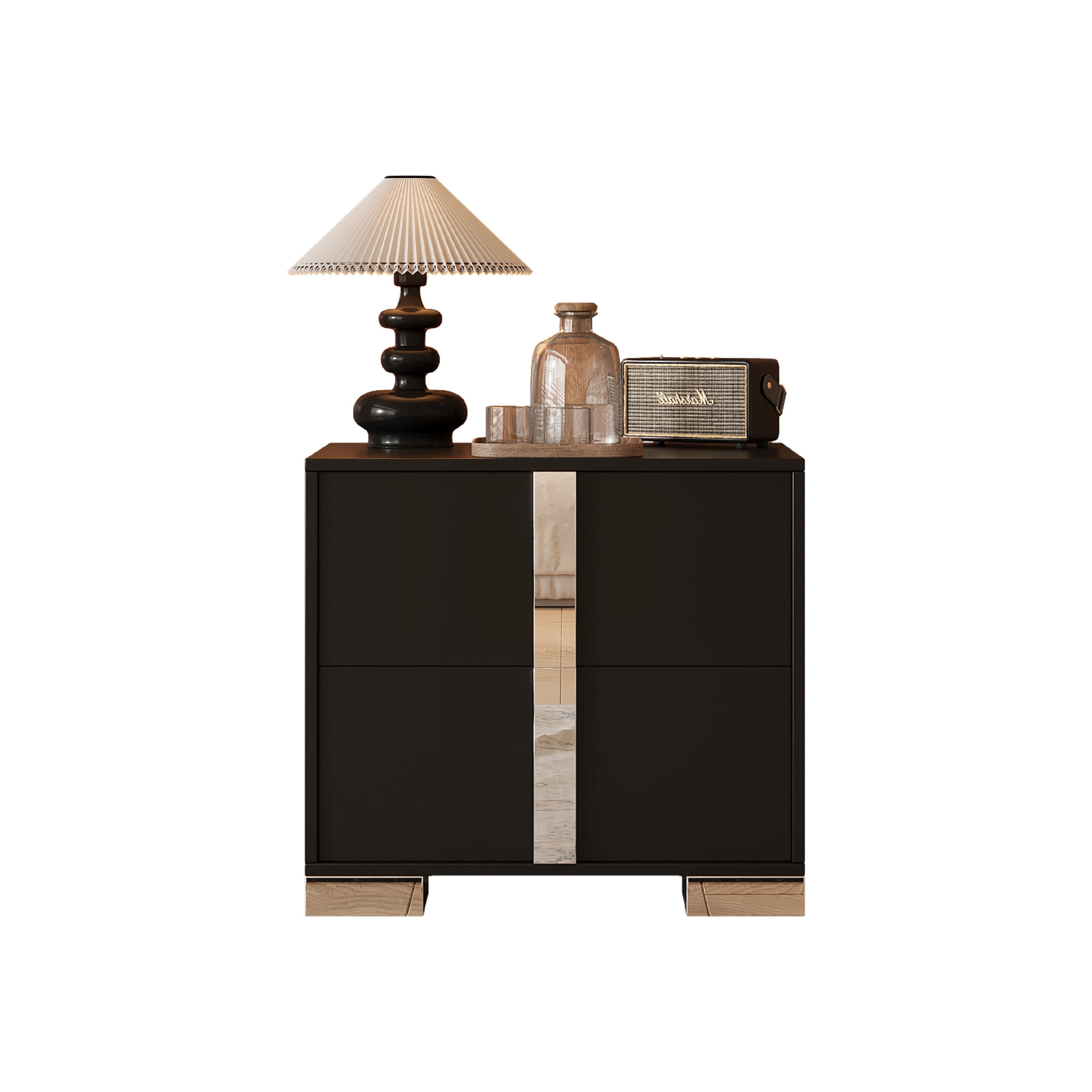 Noble House Modern Mirrored Nightstand with 2 Drawers and Metal Legs, Black