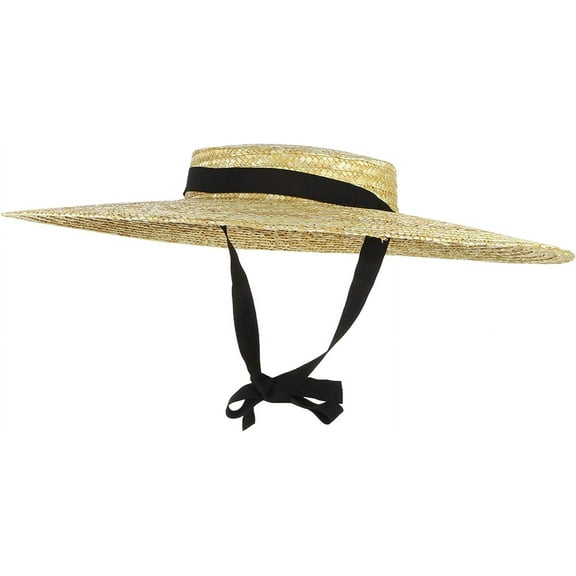 Women Vintage Boater Straw Hat Wide Brim Flat Top Floppy Derby Straw Hat Beach Sun Hats with Chin Strap Brim:12cm Beige